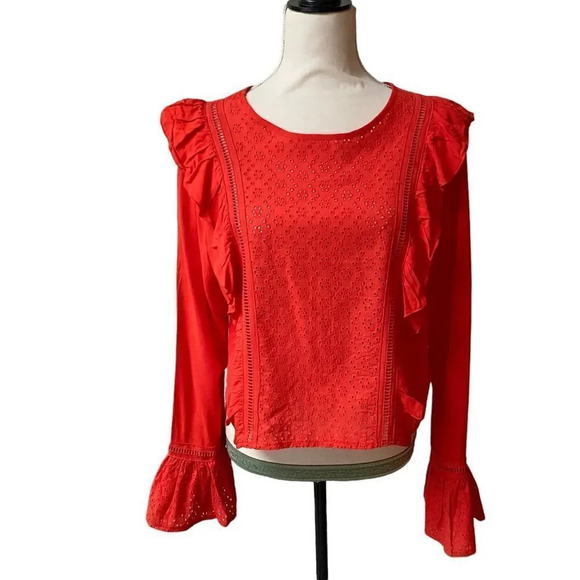 Jack BB Dakota Red Eyelet Ruffle Bell Sleeve Crop Top Small - Picture 2 of 14